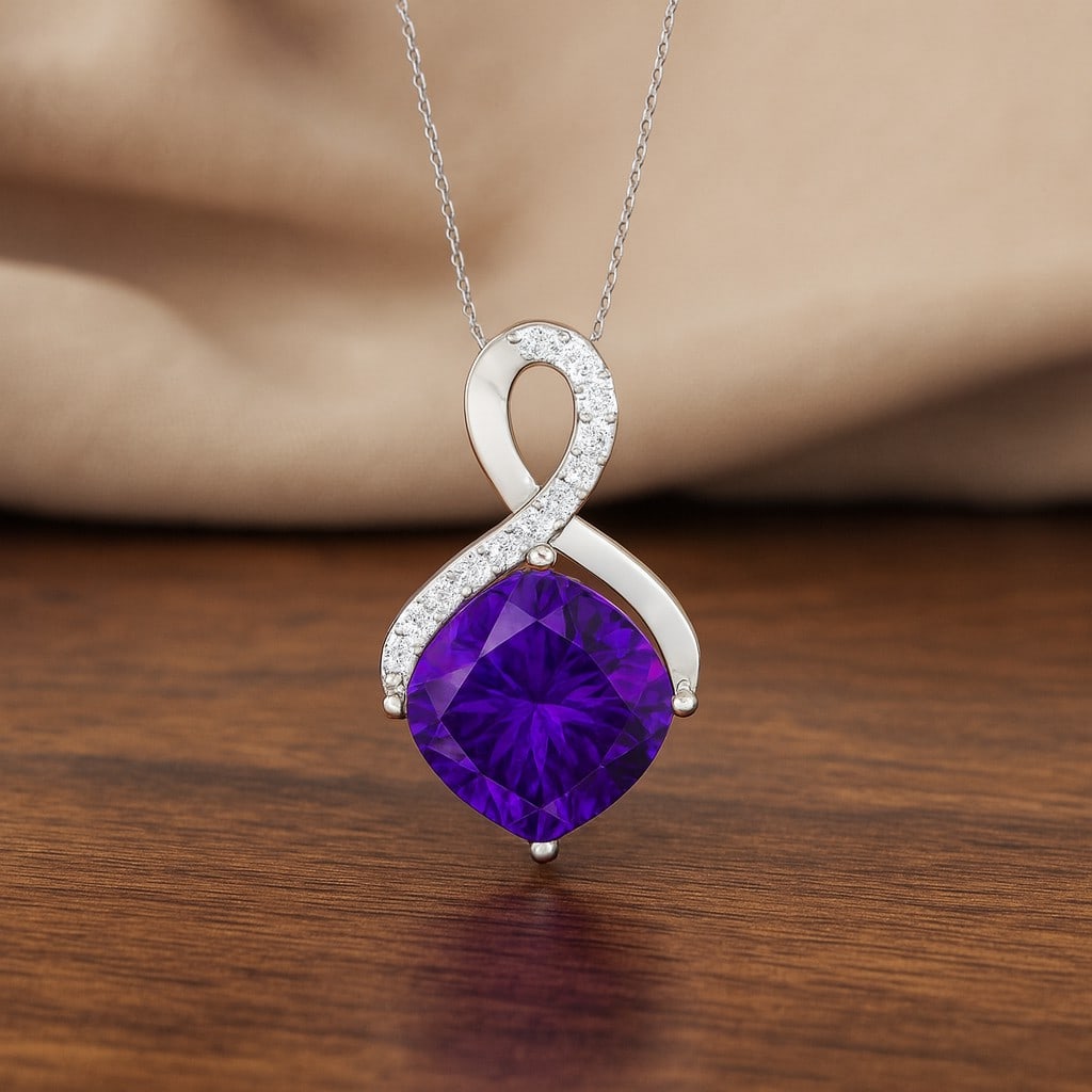 Natural Tanzanite & Diamond 92.5 Sterling Silver Pendant with Chain: Natural Tanzanite & Diamond 92.5 Sterling Silver Pendant with Chain Gemstone Shape : Cushion Square Gemstone Size : 8 MM Gemstone Quantity : 1 Piece Diamond Type : Lab Grown Diamond Shape : Round<