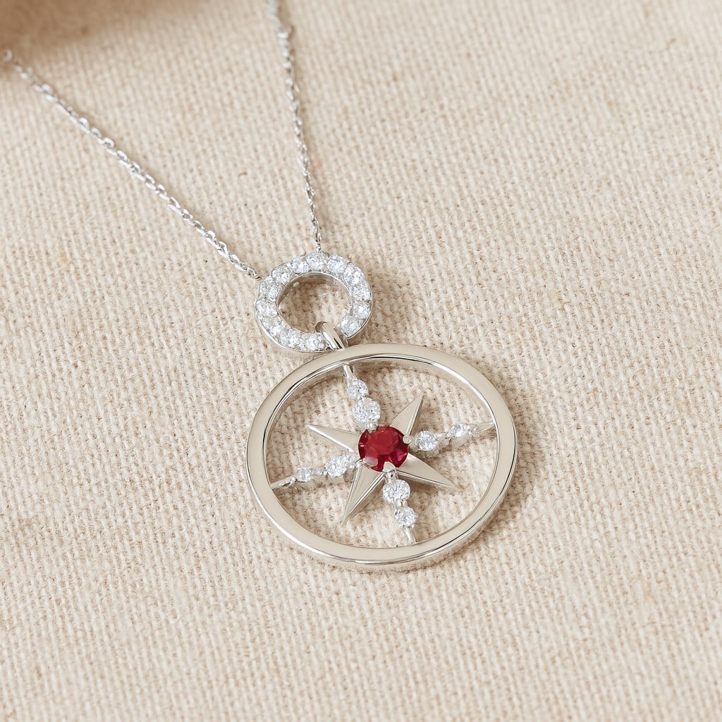 Natural Ruby & Diamond 92.5 Sterling Silver Pendant with Chain: Natural Ruby & Diamond 92.5 Sterling Silver Pendant with Chain Gemstone Shape : Round Gemstone Size : 3 MM Gemstone Quantity : 1 Piece Diamond Type : Lab Grown Diamond Shape : Round Diamond Col