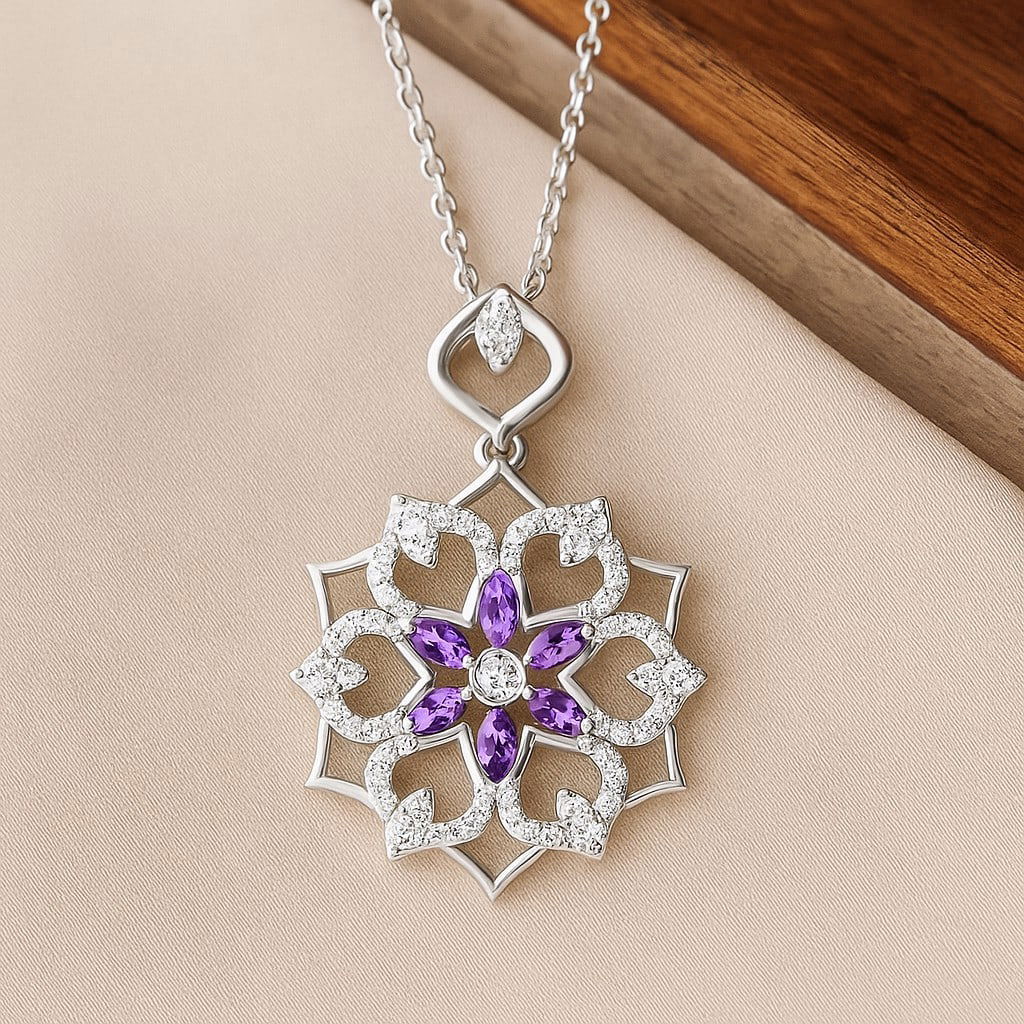 Natural Amethyst & Diamond 92.5 Sterling Silver Pendant with Chain: Natural Amethyst & Diamond 92.5 Sterling Silver Pendant with Chain Gemstone Shape : Marquise Gemstone Size : 6 MM Gemstone Quantity : 6 Pieces Diamond Type : Lab Grown Diamond Shape : Round Dia