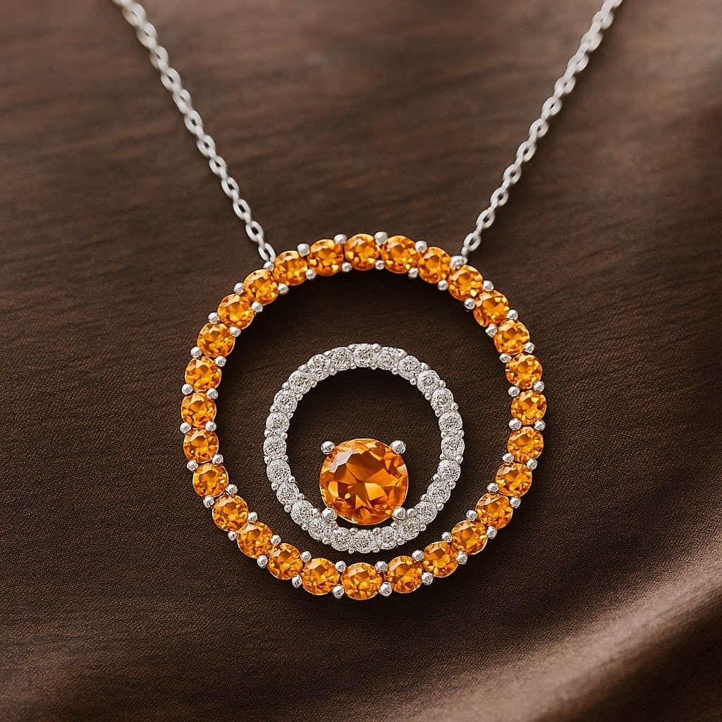 Natural Citrine & Diamond 92.5 Sterling Silver Necklace: Natural Citrine & Diamond 92.5 Sterling Silver Necklace Gemstone Shape : Round Gemstone Size : 5 MM, 2 MM Gemstone Quantity : 1 Piece, 28 Pieces Diamond Type : Lab Grown Diamond Shape : Round D