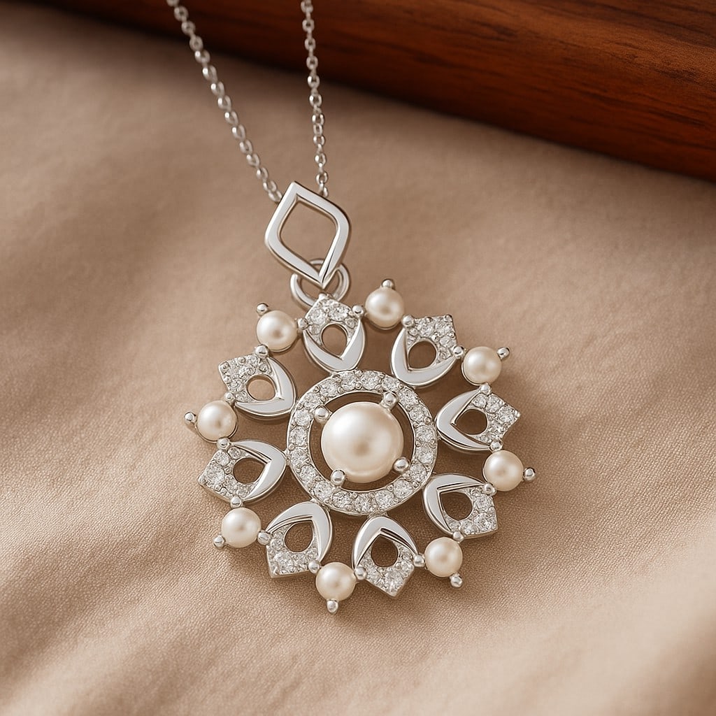 Natural Pearl & Diamond 92.5 Sterling Silver Pendant with Chain: Natural Pearl & Diamond 92.5 Sterling Silver Pendant with Chain Gemstone Shape : Round Gemstone Size : 4 MM, 2 MM Gemstone Quantity : 1 Piece, 8 Pieces Diamond Type : Lab Grown Diamond Shape : Round</