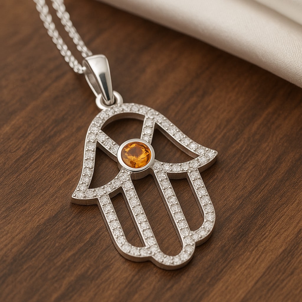 Natural Citrine & Diamond 92.5 Sterling Silver Pendant with Chain: Natural Citrine & Diamond 92.5 Sterling Silver Pendant with Chain Gemstone Shape : Round Gemstone Size : 3.5 MM Gemstone Quantity : 1 Piece Diamond Type : Lab Grown Diamond Shape : Round Diamon