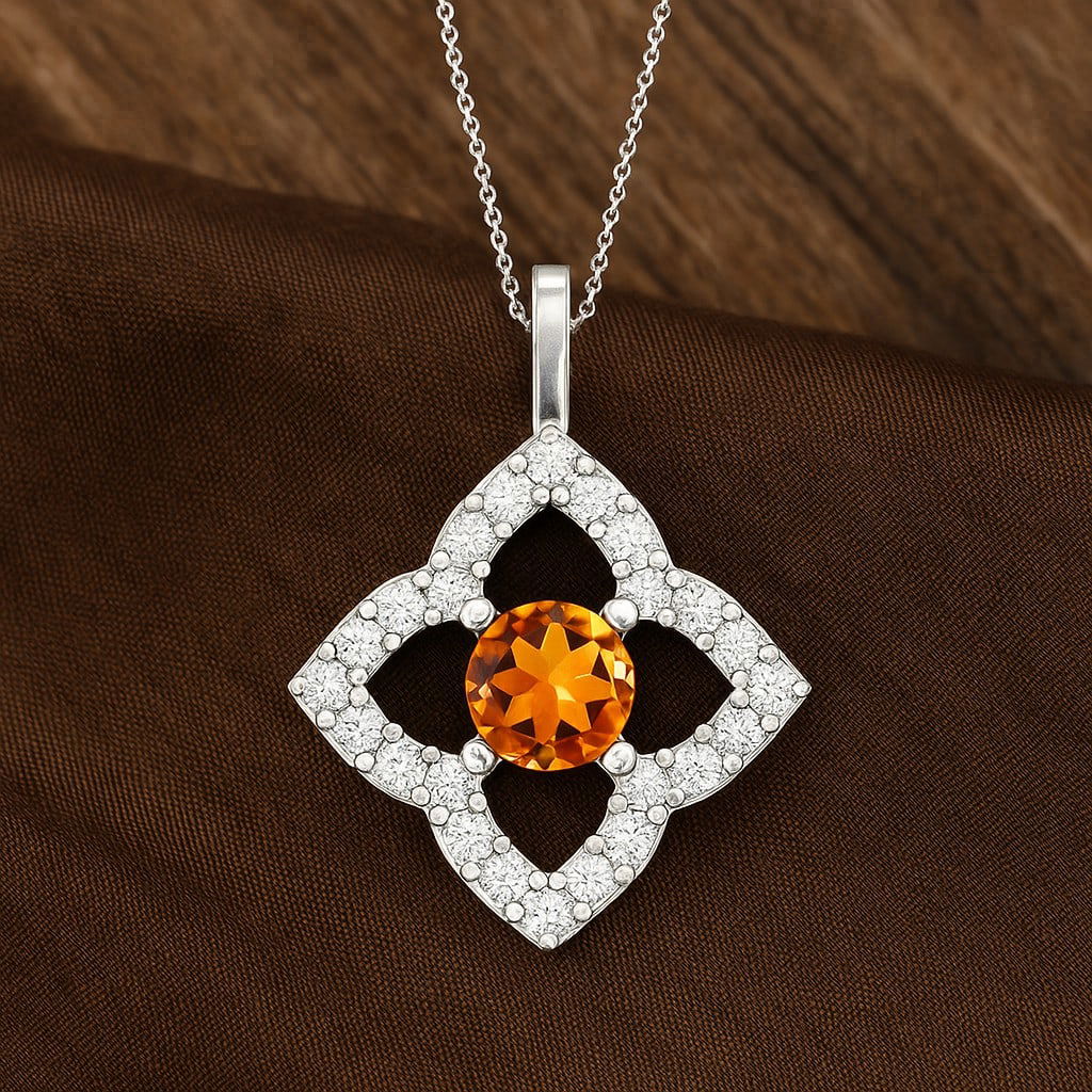 Natural Citrine & Diamond 92.5 Sterling Silver Pendant with Chain: Natural Citrine & Diamond 92.5 Sterling Silver Pendant with Chain Gemstone Shape : Round Gemstone Size : 3.3 MM Gemstone Quantity : 1 Piece Diamond Type : Lab Grown Diamond Shape : Round Diamon