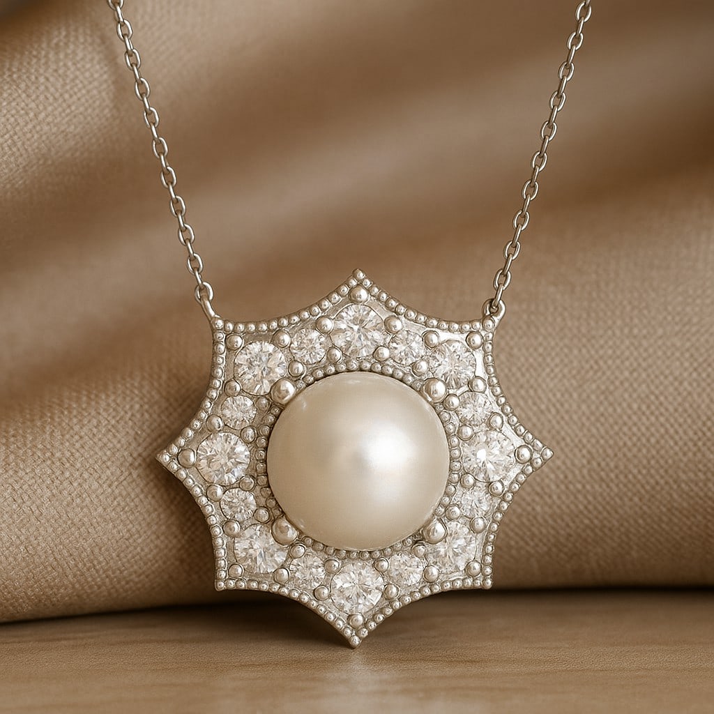 Natural Pearl & Diamond 92.5 Sterling Silver Pendant with Chain: Natural Pearl & Diamond 92.5 Sterling Silver Pendant with Chain Gemstone Shape : Round Gemstone Size : 5 MM Gemstone Quantity : 1 Piece Diamond Type : Lab Grown Diamond Shape : Round Diamond Co