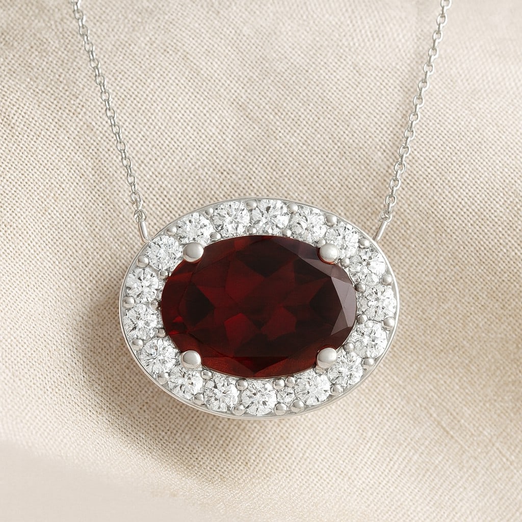 Natural Garnet & Diamond 92.5 Sterling Silver Pendant with Chain: Natural Garnet & Diamond 92.5 Sterling Silver Pendant with Chain Gemstone Shape : Oval Gemstone Size : 7x5 MM Gemstone Quantity : 1 Piece Diamond Type : Lab Grown Diamond Shape : Round Diamond