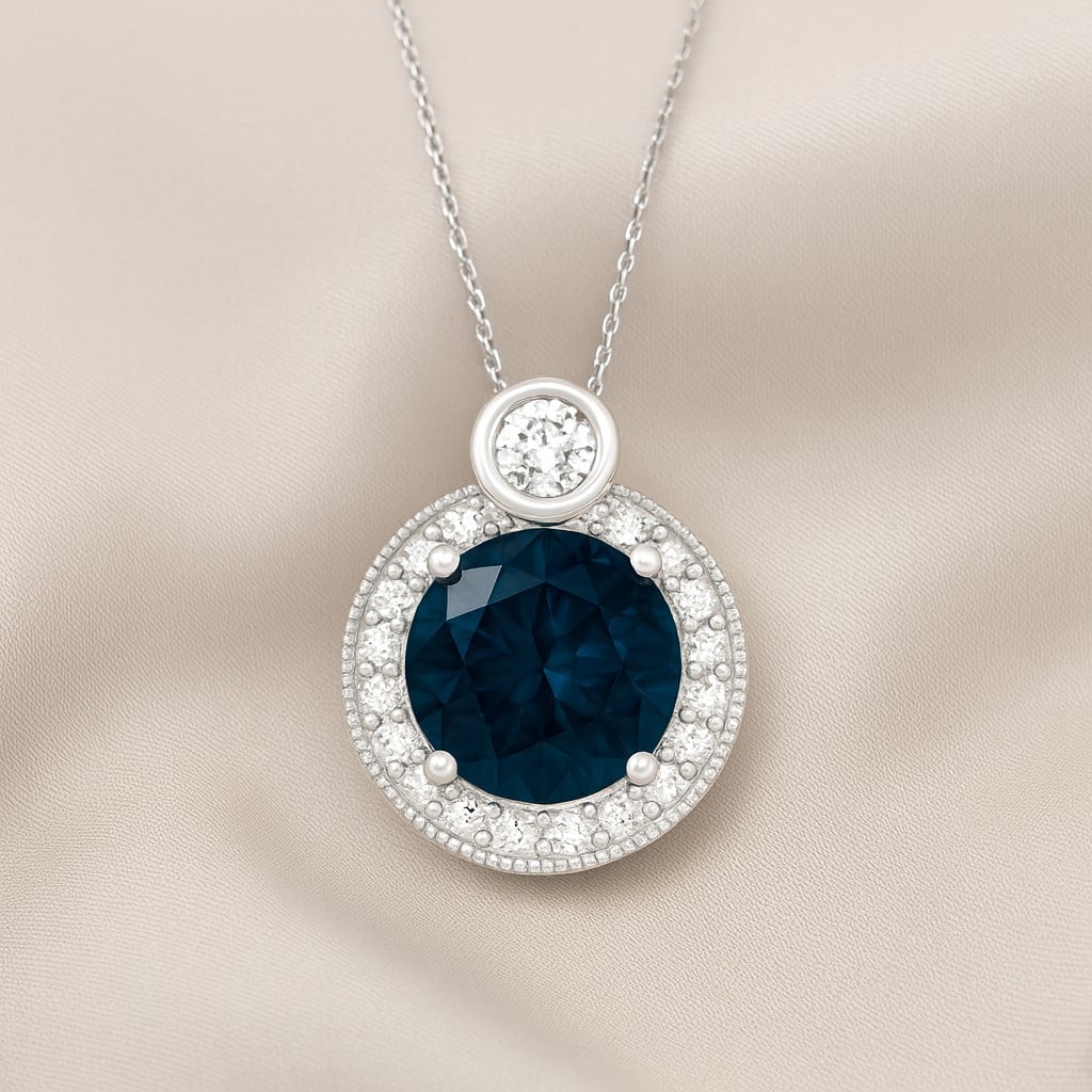 Natural London Blue Topaz & Diamond 92.5 Sterling Silver Pendant with Chain: Natural London Blue Topaz & Diamond 92.5 Sterling Silver Pendant with Chain Gemstone Shape : Round Gemstone Size : 7 MM Gemstone Quantity : 1 Piece Diamond Type : Lab Grown Diamond Shape : Round