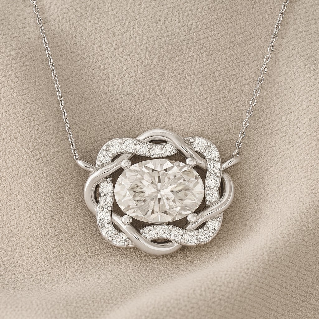 Lab Grown Diamond 92.5 Sterling Silver Necklace: Lab Grown Diamond 92.5 Sterling Silver Necklace Gemstone Shape : Oval Gemstone Size : 7x5 MM Gemstone Quantity : 1 Piece Diamond Type : Lab Grown Diamond Shape : Round Diamond Color : D-E