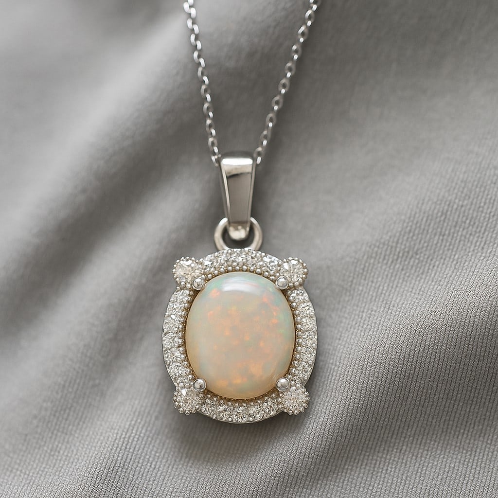 Natural Opal & Diamond 92.5 Sterling Silver Pendant with Chain (1 of 7)