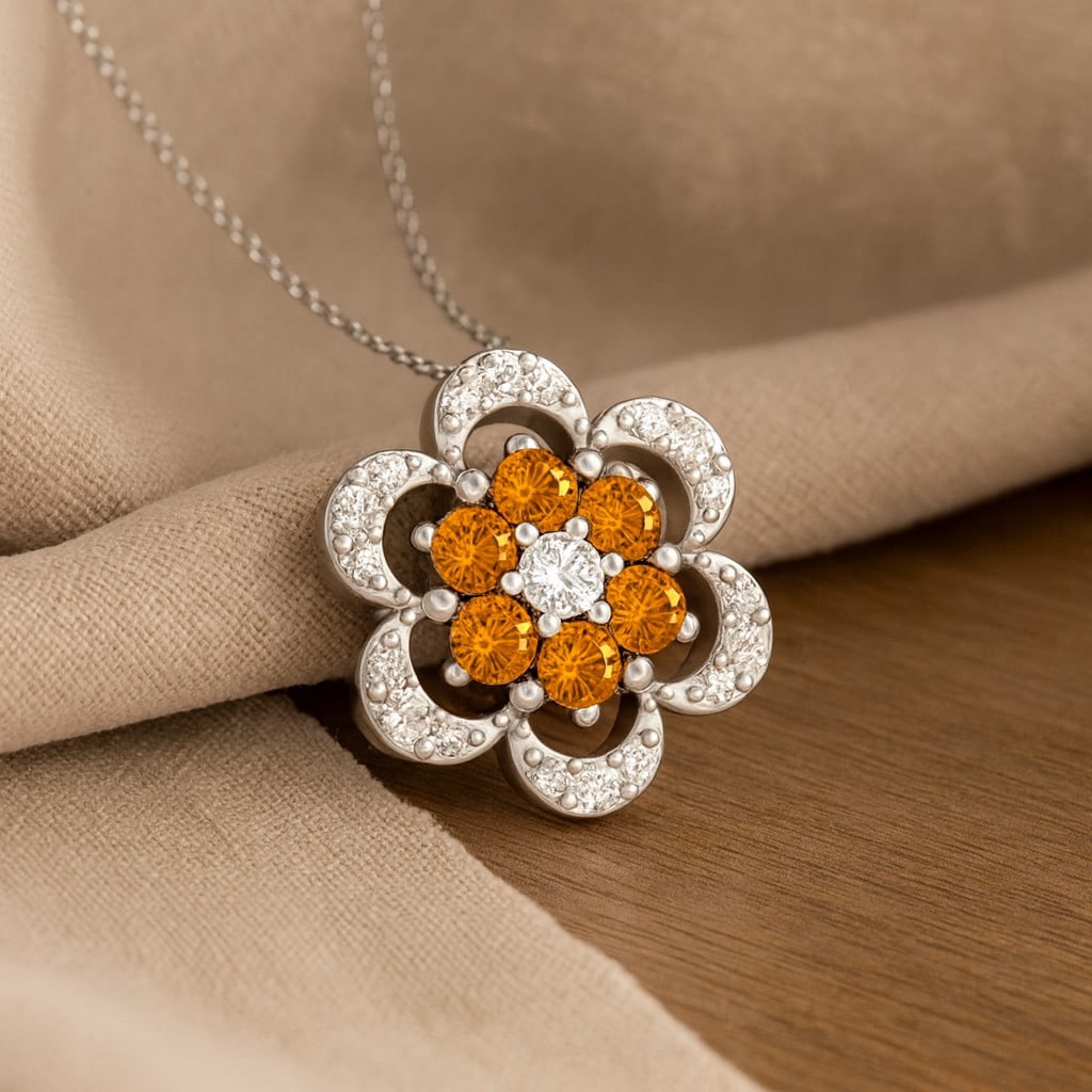 Natural Citrine & Diamond 92.5 Sterling Silver Pendant with Chain: Natural Citrine & Diamond 92.5 Sterling Silver Pendant with Chain Gemstone Shape : Round Gemstone Size : 2.5 MM Gemstone Quantity : 6 Pieces Diamond Type : Lab Grown Diamond Shape : Round Diamo