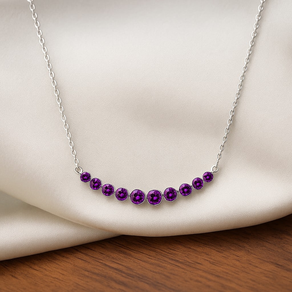 Natural Amethyst Gemstone 92.5 Sterling Silver Necklace: Natural Amethyst Gemstone 92.5 Sterling Silver Necklace Gemstone Shape : Round Gemstone Size : 3.5 - 6 MM Gemstone Quantity : 11 Pieces Metal : Silver Metal Purity : 92.5 Sterling Silver Pendan
