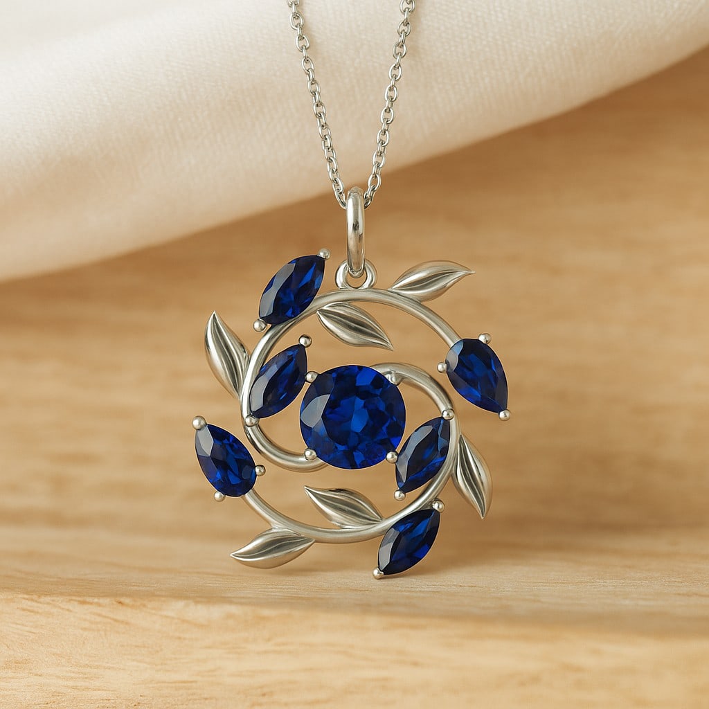 Natural Blue Sapphire Gemstone 92.5 Sterling Silver Pendant with Chain: Natural Blue Sapphire Gemstone 92.5 Sterling Silver Pendant with Chain Gemstone Shape : Marquise, Pear, Round Gemstone Size : 5x2.5 MM, 5x3 MM, 6 MM Gemstone Quantity : 7 Pieces Metal : Silver Metal P