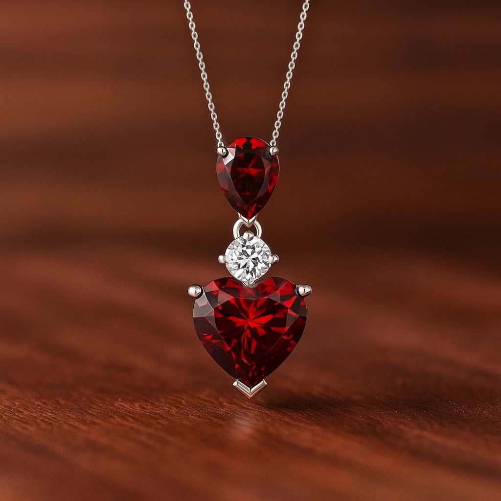 Natural Garnet & Diamond 92.5 Sterling Silver Pendant with Chain: Natural Garnet & Diamond 92.5 Sterling Silver Pendant with Chain Gemstone Shape : Heart, Pear Gemstone Size : 9 MM, 7x5 MM Gemstone Quantity : 2 Pieces Diamond Type : Lab Grown Diamond Shape : Round</