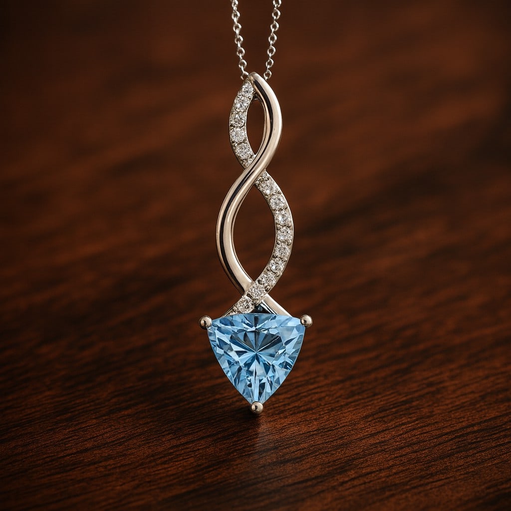 Natural Aquamarine & Diamond 92.5 Sterling Silver Pendant with Chain: Natural Aquamarine & Diamond 92.5 Sterling Silver Pendant with Chain Gemstone Shape : Trillion Curved Gemstone Size : 7 MM Gemstone Quantity : 1 Piece Diamond Type : Lab Grown Diamond Shape : Round
