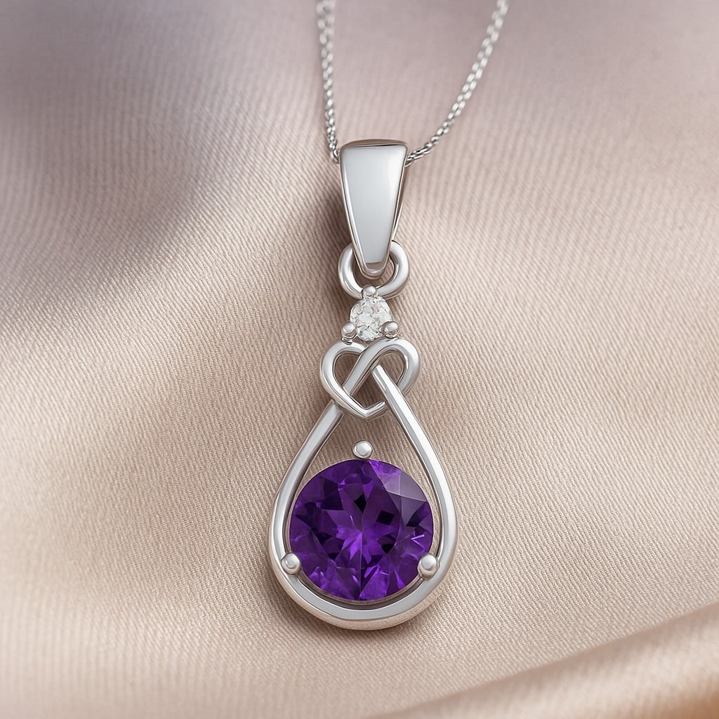 Natural Amethyst & Diamond 92.5 Sterling Silver Pendant with Chain (1 of 7)