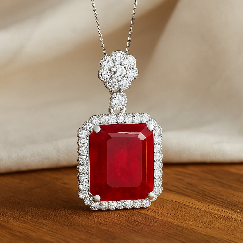 Natural Ruby & Diamond 92.5 Sterling Silver Pendant with Chain: Natural Ruby & Diamond 92.5 Sterling Silver Pendant with Chain Gemstone Shape : Emerald Gemstone Size : 12x10 MM Gemstone Quantity : 1 Piece Diamond Type : Lab Grown Diamond Shape : Round Diamo
