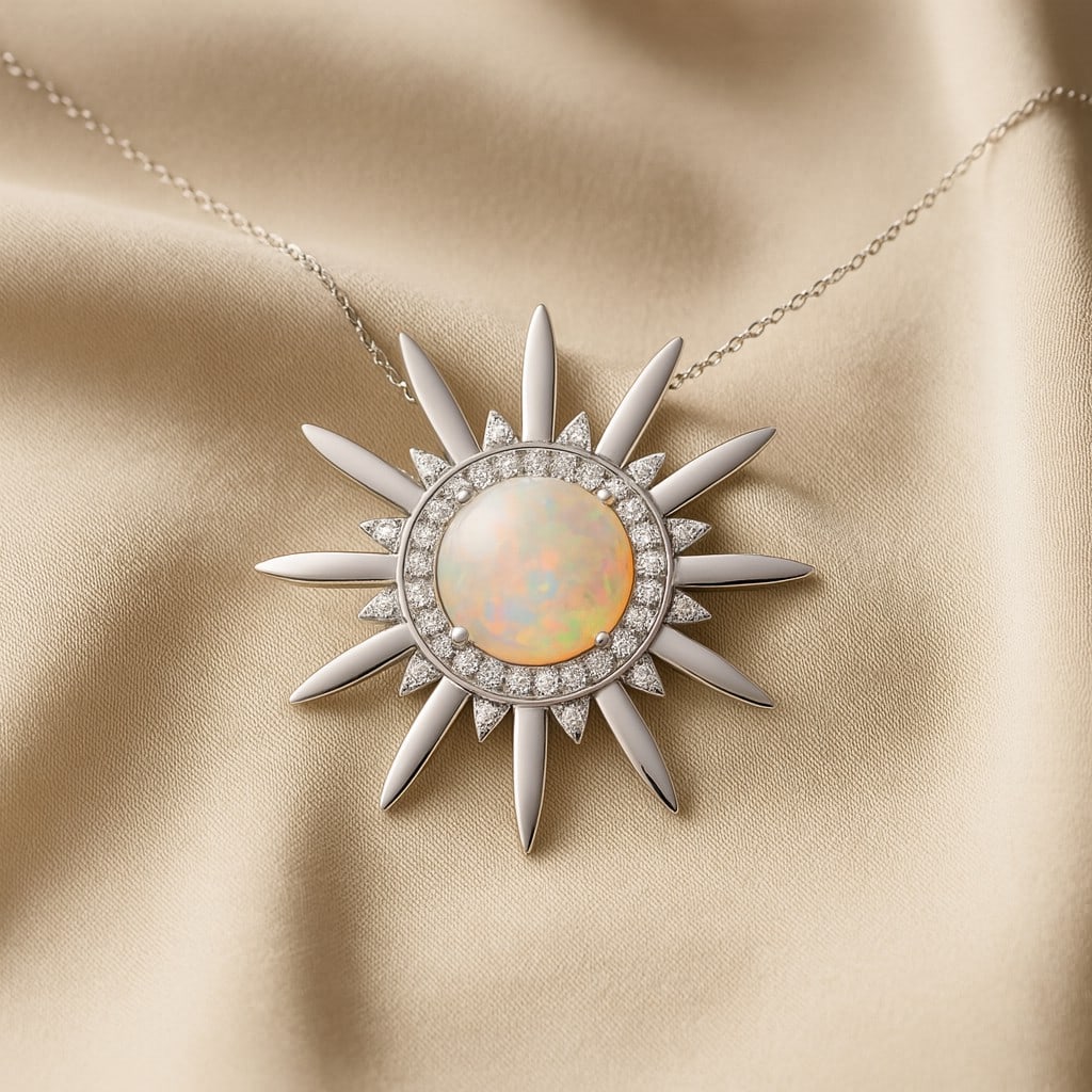 Natural Opal & Diamond 92.5 Sterling Silver Pendant with Chain: Natural Opal & Diamond 92.5 Sterling Silver Pendant with Chain Gemstone Shape : Round Gemstone Size : 8 MM Gemstone Quantity : 1 Piece Diamond Type : Lab Grown Diamond Shape : Round Diamond Col