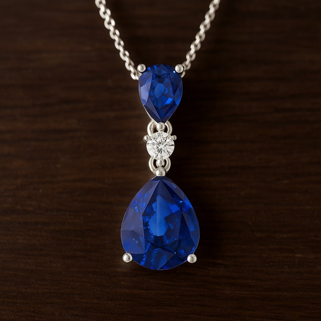 Natural Blue Sapphire & Diamond 92.5 Sterling Silver Pendant with Chain: Natural Blue Sapphire & Diamond 92.5 Sterling Silver Pendant with Chain Gemstone Shape : Pear Gemstone Size : 10x8 MM, 7x5 MM Gemstone Quantity : 2 Pieces Diamond Type : Lab Grown Diamond Shape : Roun