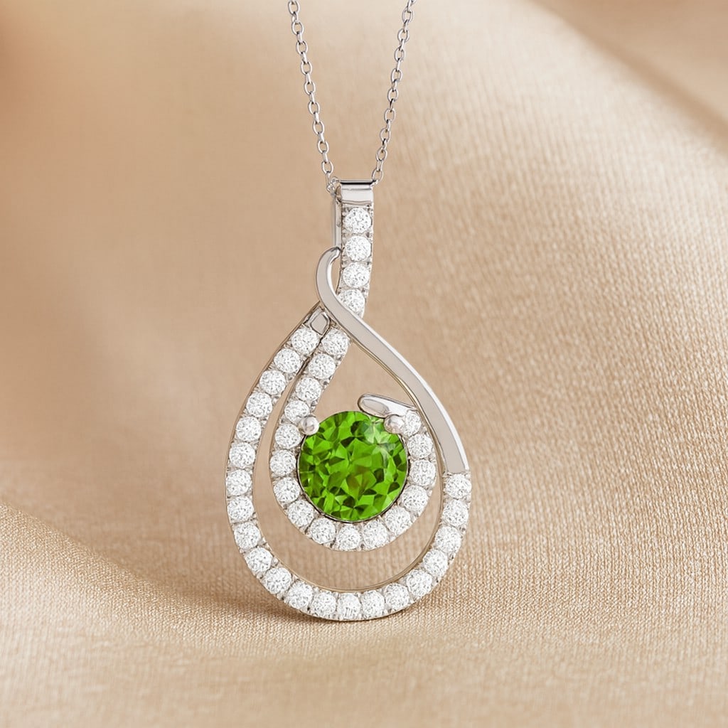 Natural Peridot & Diamond 92.5 Sterling Silver Pendant with Chain: Natural Peridot & Diamond 92.5 Sterling Silver Pendant with Chain Gemstone Shape : Round Gemstone Size : 5 MM Gemstone Quantity : 1 Piece Diamond Type : Lab Grown Diamond Shape : Round Diamond