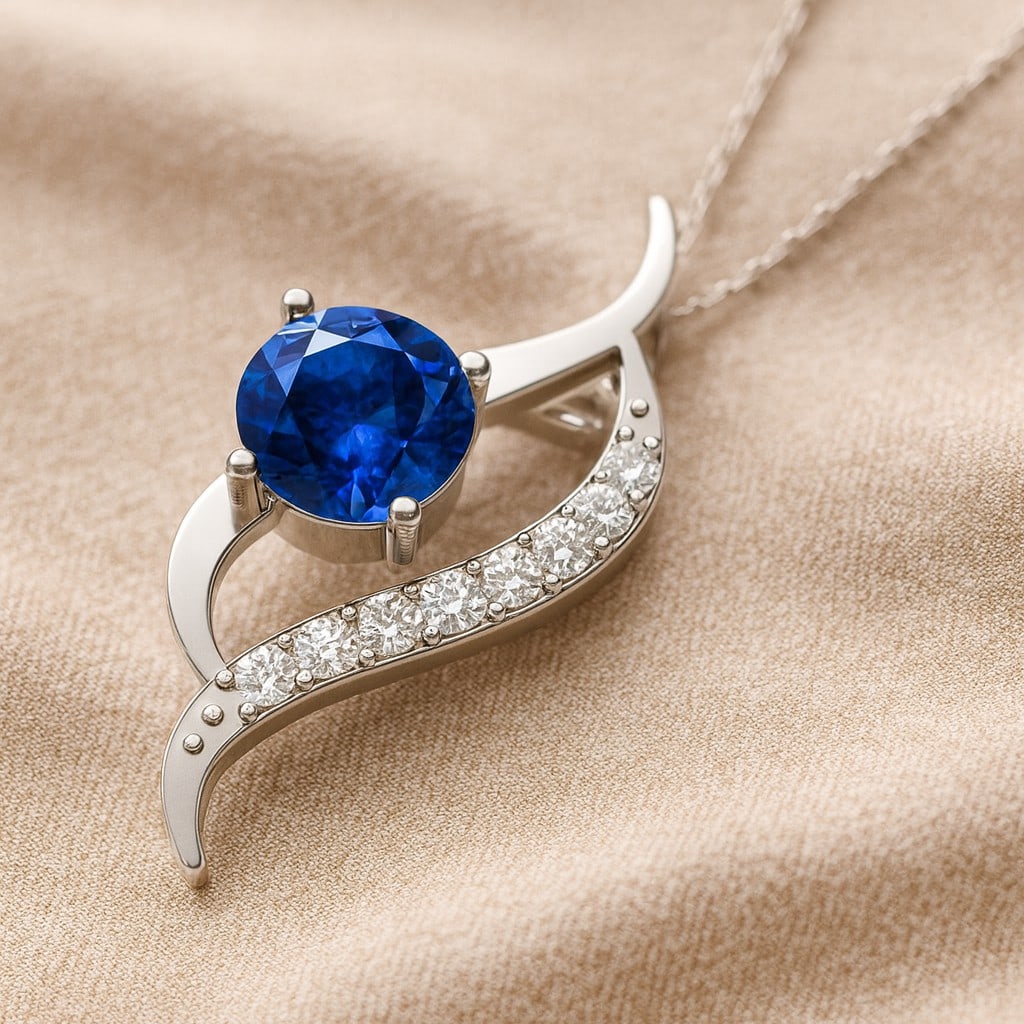 Natural Blue Sapphire & Diamond 92.5 Sterling Silver Pendant with Chain: Natural Blue Sapphire & Diamond 92.5 Sterling Silver Pendant with Chain Gemstone Shape : Round Gemstone Size : 6 MM Gemstone Quantity : 1 Piece Diamond Type : Lab Grown Diamond Shape : Round Di