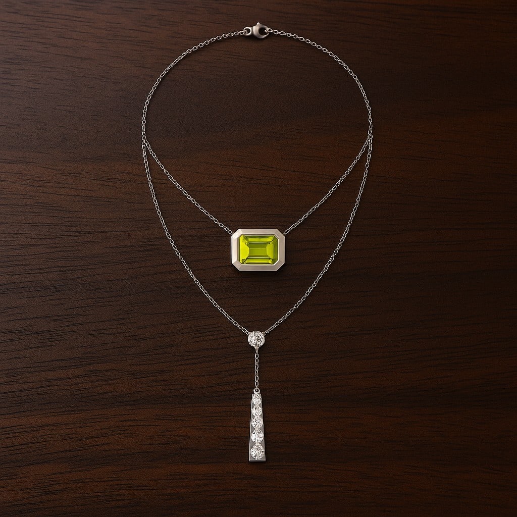 Natural Peridot & Diamond 92.5 Sterling Silver Necklace: Natural Peridot & Diamond 92.5 Sterling Silver Necklace Gemstone Shape : Emerald Gemstone Size : 6 MM Gemstone Quantity : 1 Piece Diamond Type : Lab Grown Diamond Shape : Round Diamond Color :