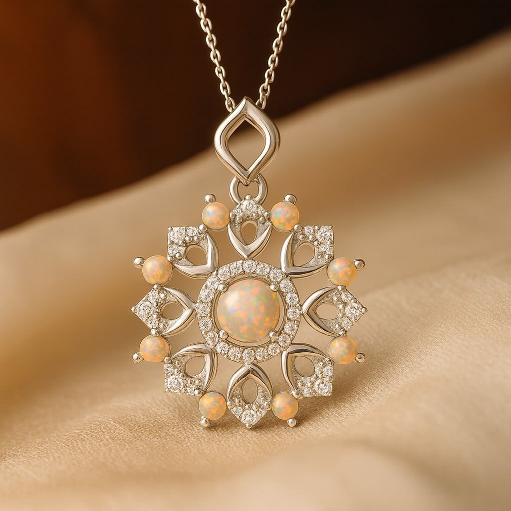 Natural Opal & Diamond 92.5 Sterling Silver Pendant with Chain: Natural Opal & Diamond 92.5 Sterling Silver Pendant with Chain Gemstone Shape : Round Gemstone Size : 4 MM, 2 MM Gemstone Quantity : 1 Piece, 8 Pieces Diamond Type : Lab Grown Diamond Shape : Round