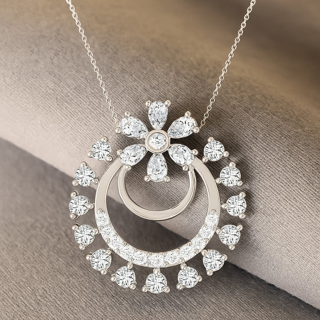 Lab Grown Diamond 92.5 Sterling Silver Pendant with Chain: Lab Grown Diamond 92.5 Sterling Silver Pendant with Chain Gemstone Shape : Round Gemstone Size : 3x2 MM, 2 MM Gemstone Quantity : 6 Pieces, 13 Pieces Diamond Type : Lab Grown Diamond Shape : Round
