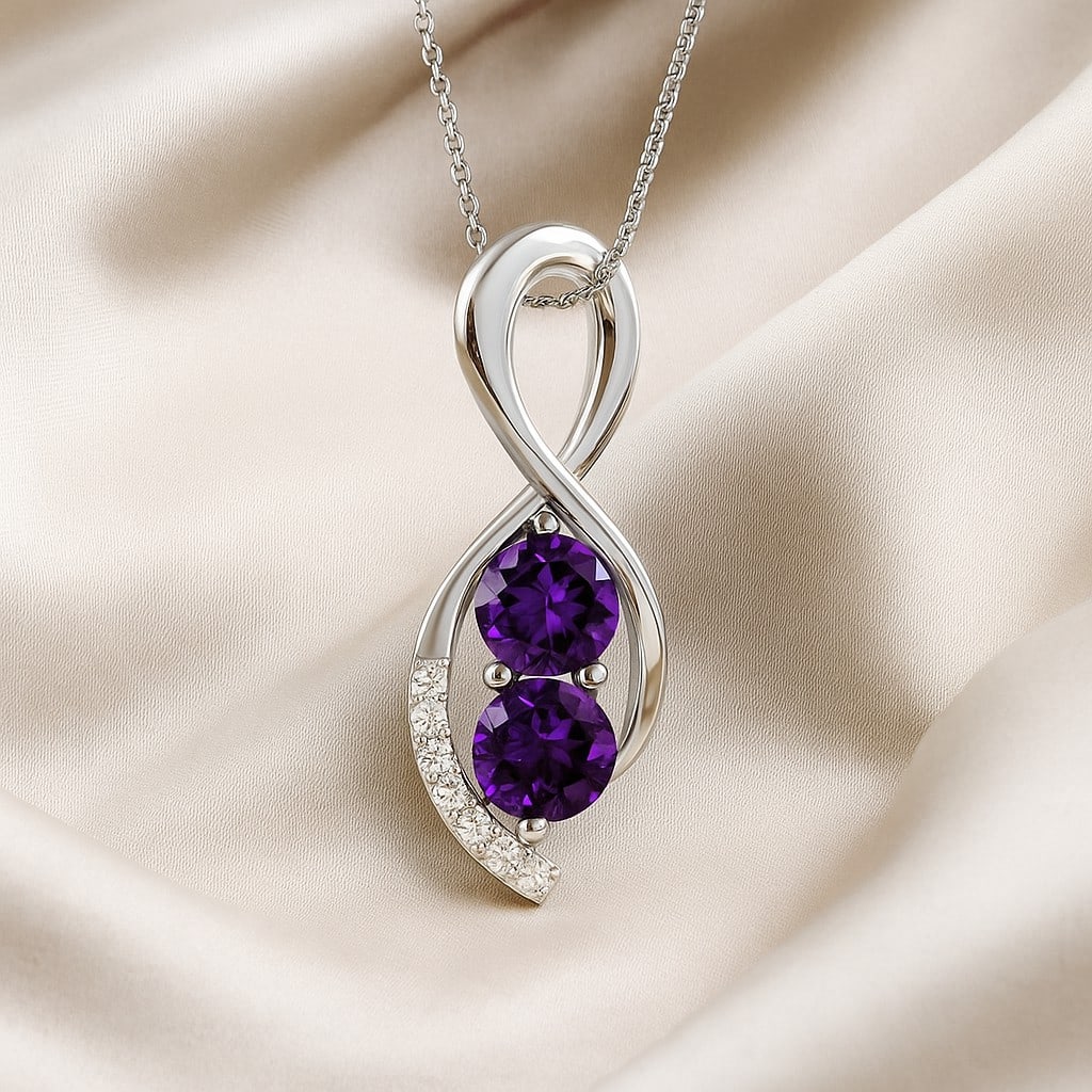 Natural Amethyst & Diamond 92.5 Sterling Silver Pendant with Chain: Natural Amethyst & Diamond 92.5 Sterling Silver Pendant with Chain Gemstone Shape : Round Gemstone Size : 5.5 MM Gemstone Quantity : 2 Pieces Diamond Type : Lab Grown Diamond Shape : Round Diam