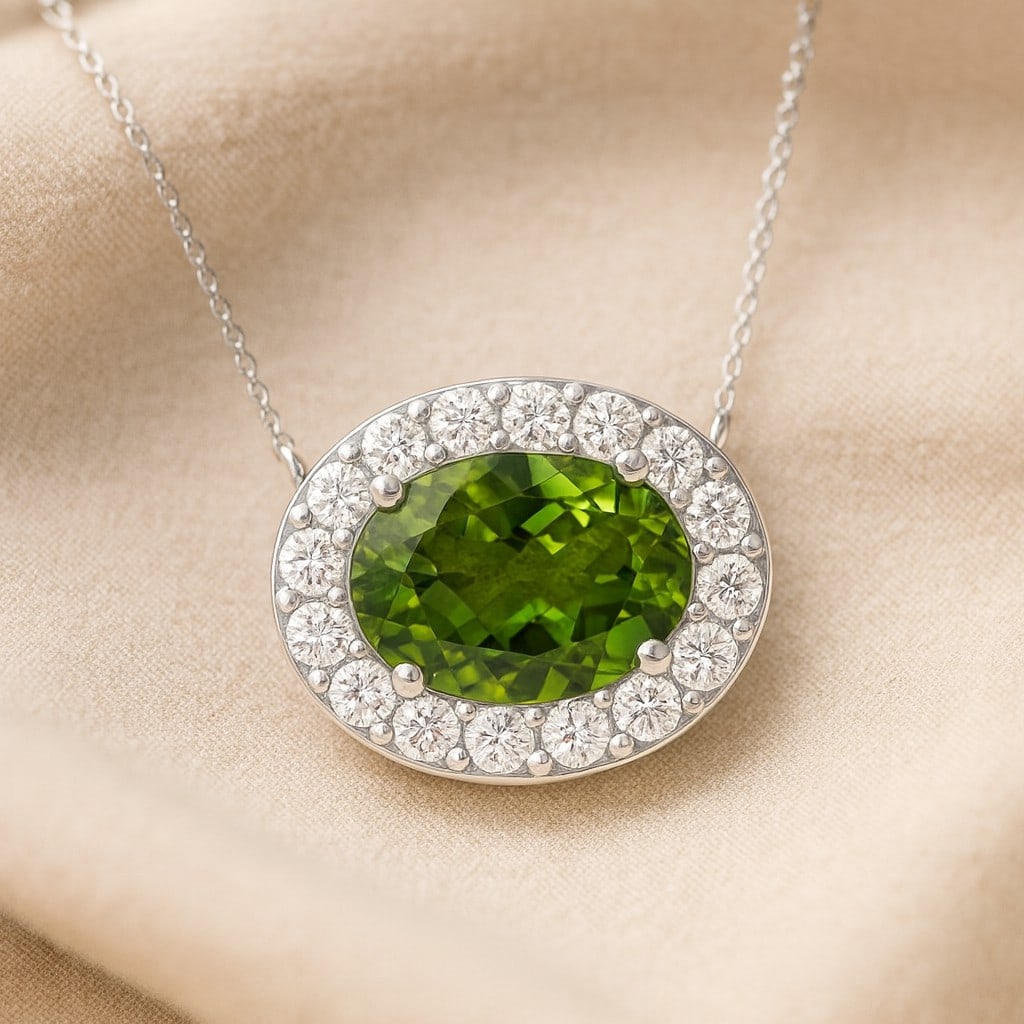 Natural Peridot & Diamond 92.5 Sterling Silver Pendant with Chain: Natural Peridot & Diamond 92.5 Sterling Silver Pendant with Chain Gemstone Shape : Oval Gemstone Size : 7x5 MM Gemstone Quantity : 1 Piece Diamond Type : Lab Grown Diamond Shape : Round Diamond