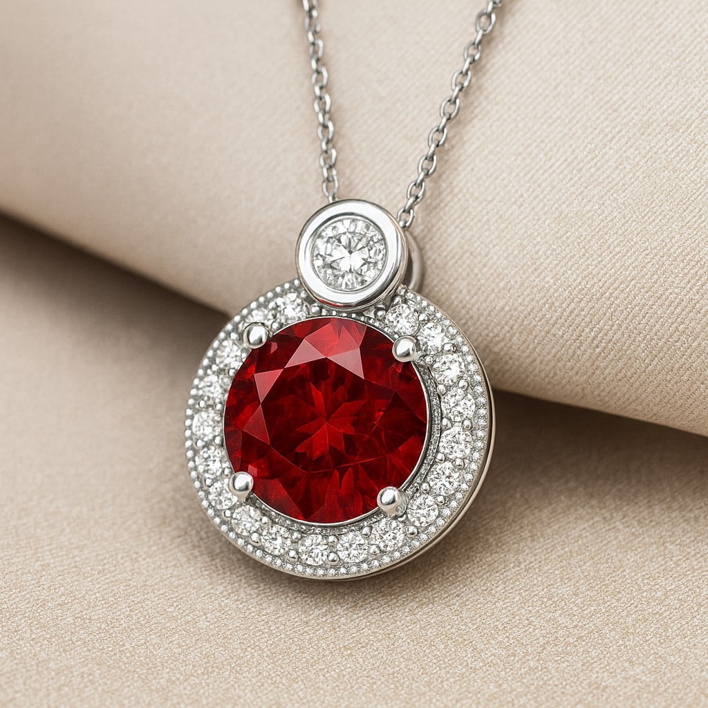 Natural Garnet & Diamond 92.5 Sterling Silver Pendant with Chain: Natural Garnet & Diamond 92.5 Sterling Silver Pendant with Chain Gemstone Shape : Round Gemstone Size : 7 MM Gemstone Quantity : 1 Piece Diamond Type : Lab Grown Diamond Shape : Round Diamond C
