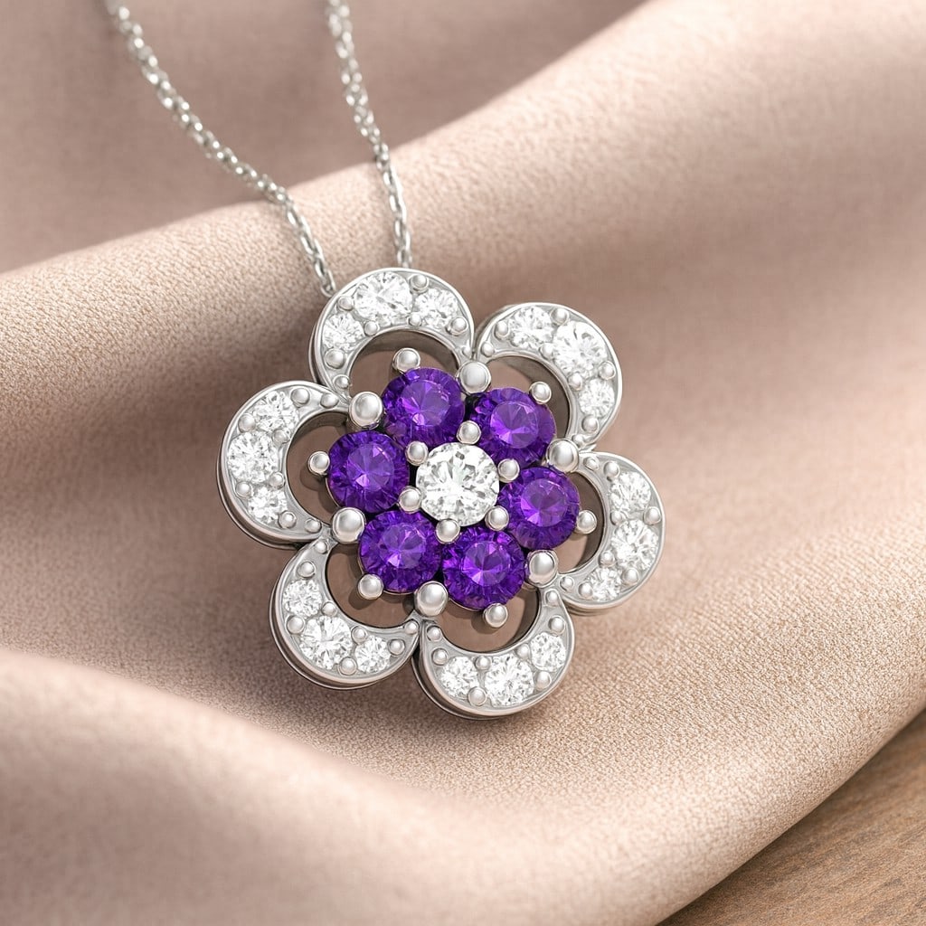 Natural Amethyst & Diamond 92.5 Sterling Silver Pendant with Chain (1 of 7)