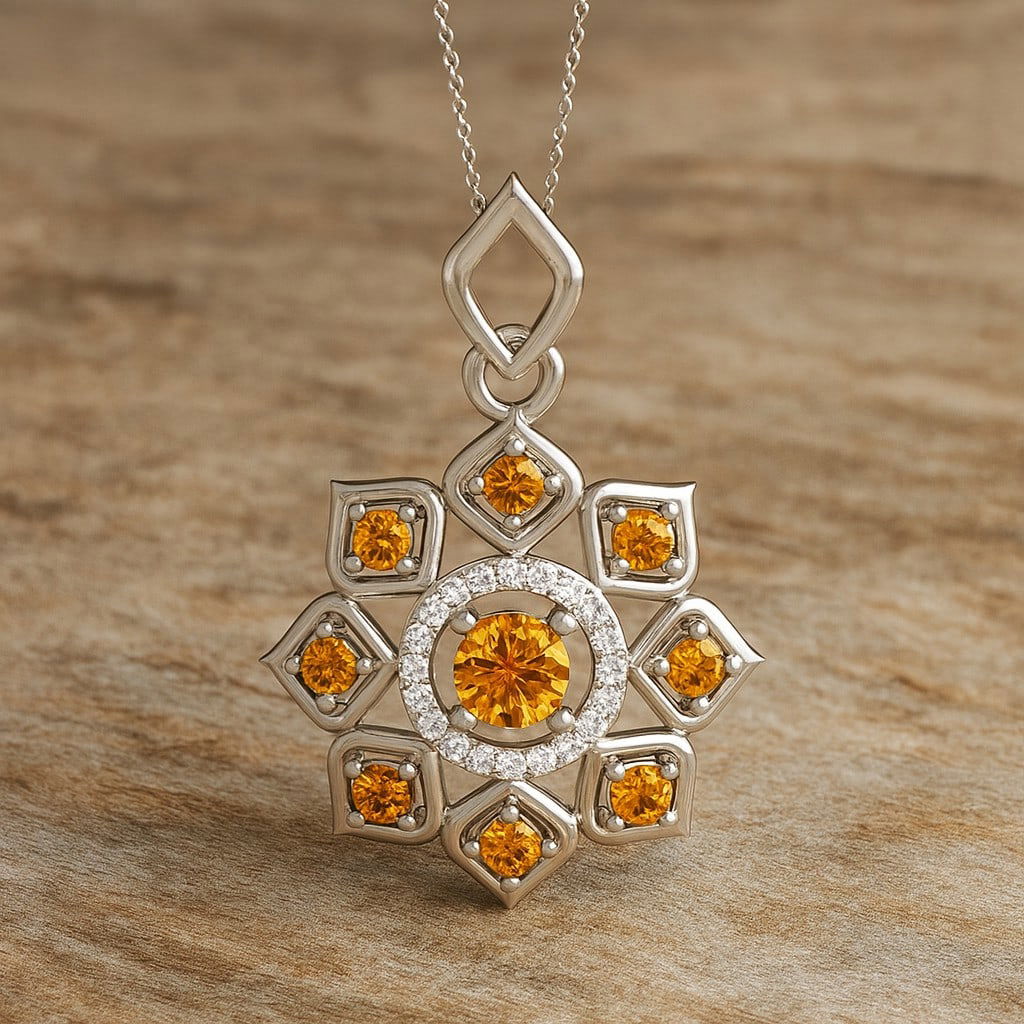 Natural Citrine & Diamond 92.5 Sterling Silver Pendant with Chain: Natural Citrine & Diamond 92.5 Sterling Silver Pendant with Chain Gemstone Shape : Round Gemstone Size : 4 MM, 2 MM Gemstone Quantity : 9 Pieces Diamond Type : Lab Grown Diamond Shape : Round D