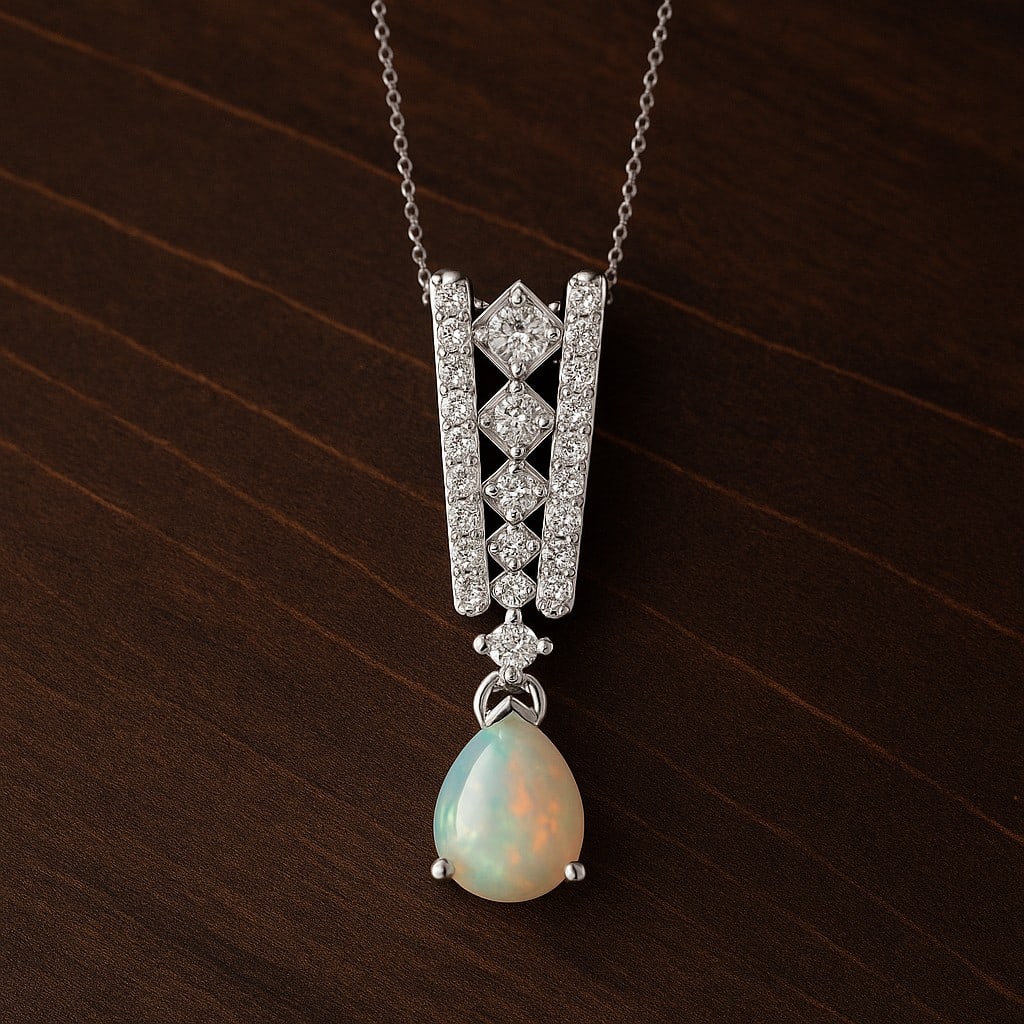 Natural Opal & Diamond 92.5 Sterling Silver Pendant with Chain: Natural Opal & Diamond 92.5 Sterling Silver Pendant with Chain Gemstone Shape : Pear Gemstone Size : 8x6 MM Gemstone Quantity : 1 Piece Diamond Type : Lab Grown Diamond Shape : Round Diamond Co