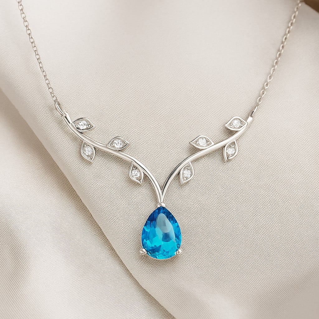 Natural Swiss Blue Topaz & Diamond 92.5 Sterling Silver Necklace: Natural Swiss Blue Topaz & Diamond 92.5 Sterling Silver Necklace Gemstone Shape : Pear Gemstone Size : 8x6 MM Gemstone Quantity : 1 Piece Diamond Type : Lab Grown Diamond Shape : Round Diamond