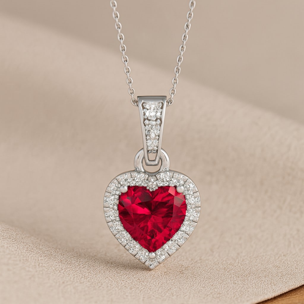 Natural Ruby & Diamond 92.5 Sterling Silver Pendant with Chain: Natural Ruby & Diamond 92.5 Sterling Silver Pendant with Chain Gemstone Shape : Heart Gemstone Size : 6 MM Gemstone Quantity : 1 Piece Diamond Type : Lab Grown Diamond Shape : Round Diamond Col