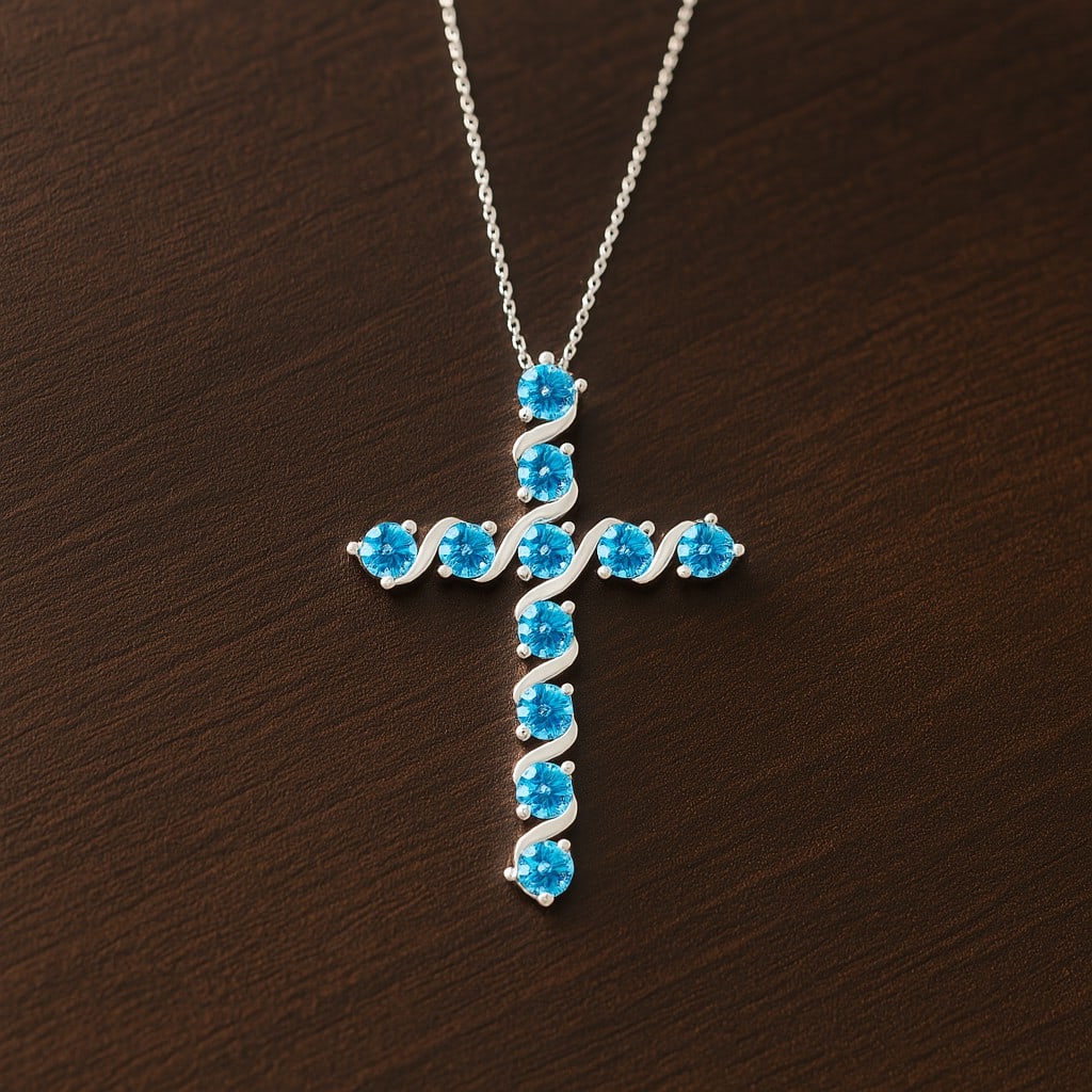 Natural Swiss Blue Topaz Gemstone 92.5 Sterling Silver Pendant with Chain: Natural Swiss Blue Topaz Gemstone 92.5 Sterling Silver Pendant with Chain Gemstone Shape : Round Gemstone Size : 2.6 MM Gemstone Quantity : 11 Pieces Metal : Silver Metal Purity : 92.5 Sterling Silver