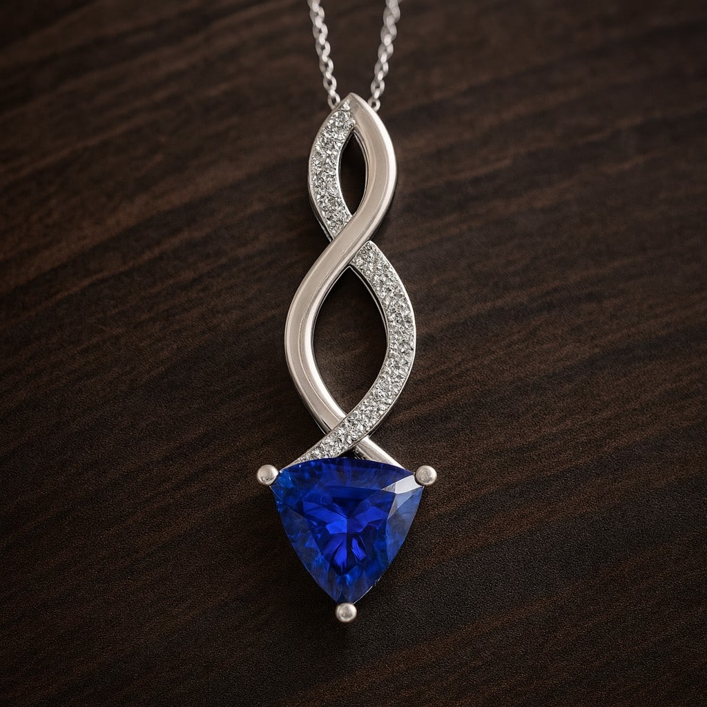 Natural Blue Sapphire & Diamond 92.5 Sterling Silver Pendant with Chain: Natural Blue Sapphire & Diamond 92.5 Sterling Silver Pendant with Chain Gemstone Shape : Trillion Curved Gemstone Size : 7 MM Gemstone Quantity : 1 Piece Diamond Type : Lab Grown Diamond Shape : Round