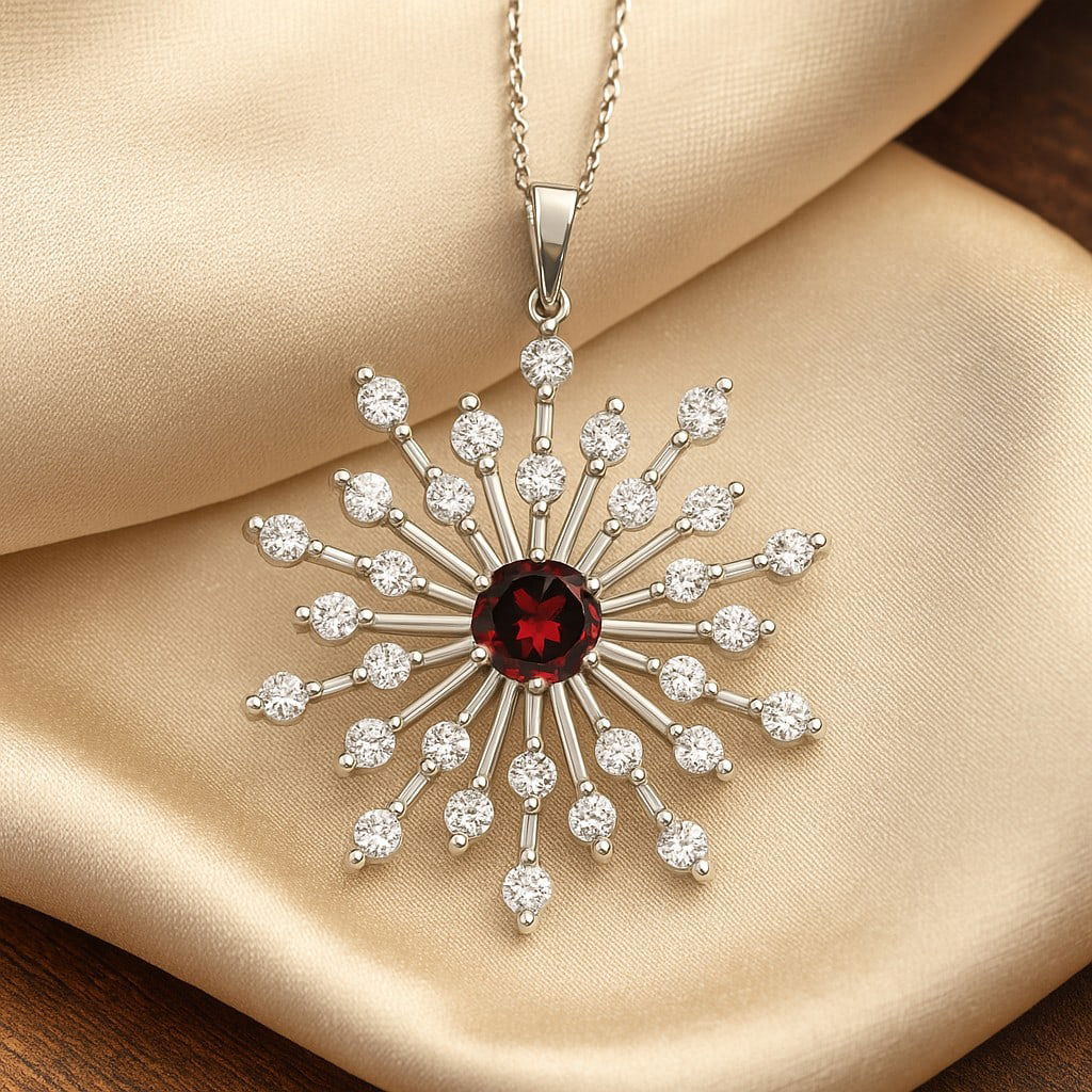 Natural Garnet & Diamond 92.5 Sterling Silver Pendant with Chain: Natural Garnet & Diamond 92.5 Sterling Silver Pendant with Chain Gemstone Shape : Round Gemstone Size : 4.5 MM Gemstone Quantity : 1 Piece Diamond Type : Lab Grown Diamond Shape : Round Diamond