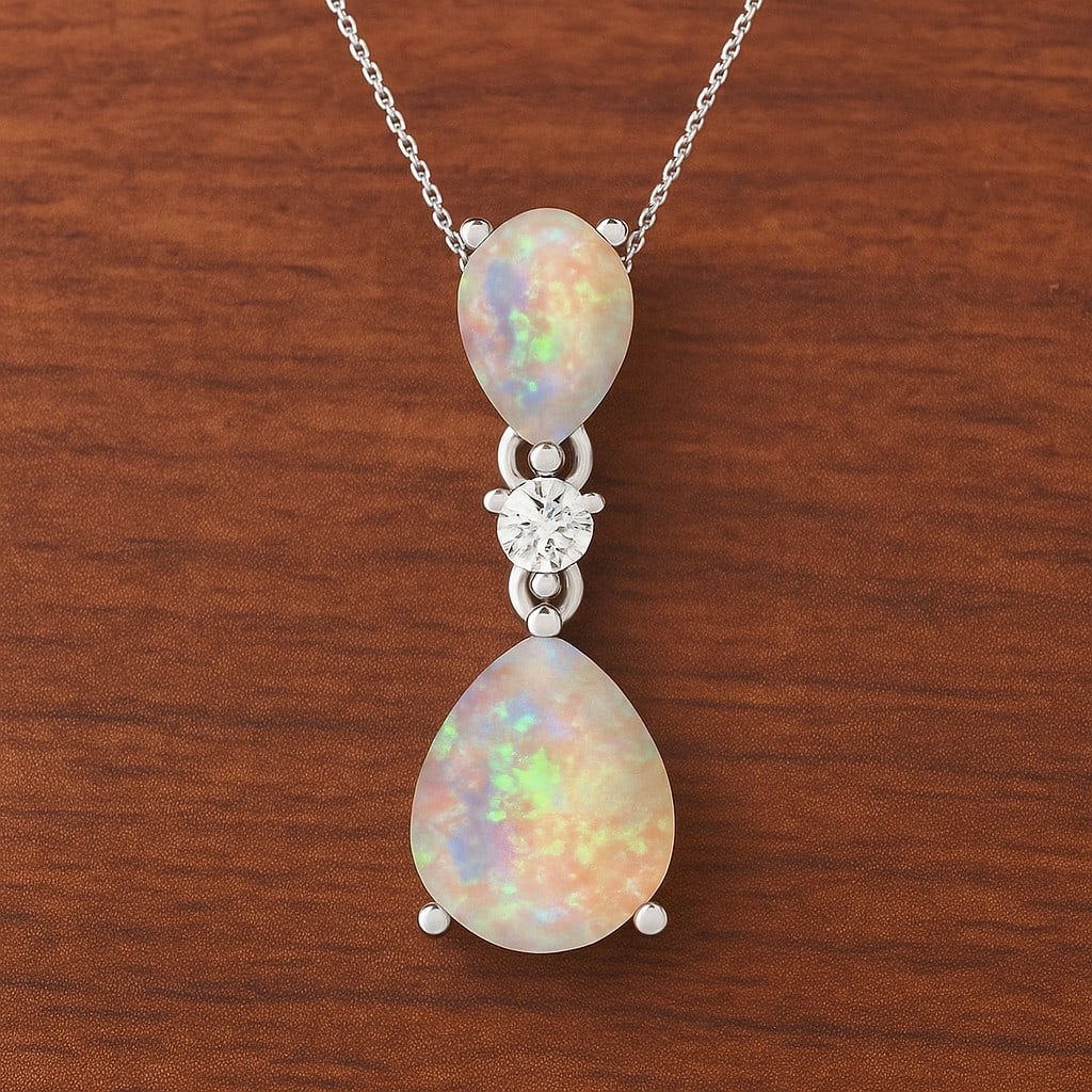 Natural Opal & Diamond 92.5 Sterling Silver Pendant with Chain: Natural Opal & Diamond 92.5 Sterling Silver Pendant with Chain Gemstone Shape : Pear Gemstone Size : 10x8 MM, 7x5 MM Gemstone Quantity : 2 Pieces Diamond Type : Lab Grown Diamond Shape : Round