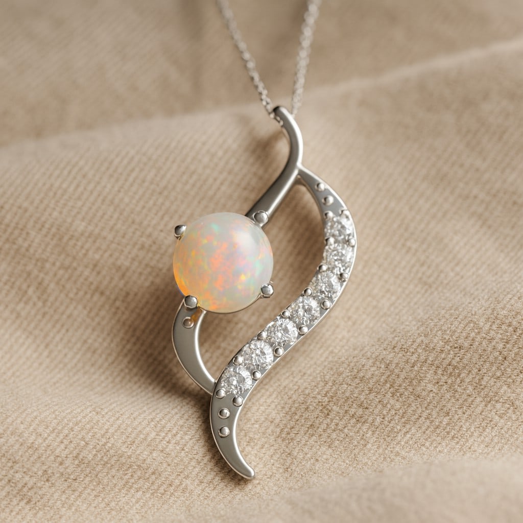 Natural Opal & Diamond 92.5 Sterling Silver Pendant with Chain: Natural Opal & Diamond 92.5 Sterling Silver Pendant with Chain Gemstone Shape : Round Gemstone Size : 6 MM Gemstone Quantity : 1 Piece Diamond Type : Lab Grown Diamond Shape : Round Diamond Col