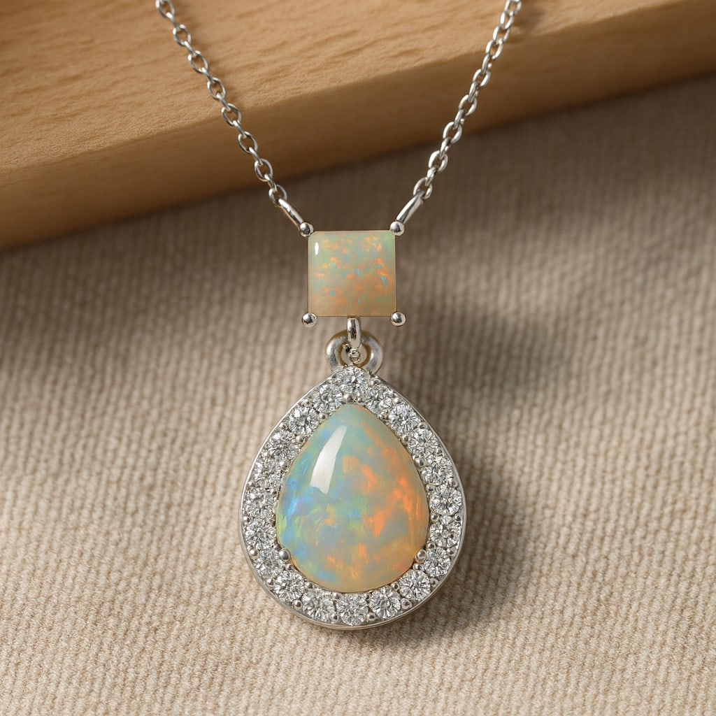 Natural Opal & Diamond 92.5 Sterling Silver Pendant with Chain: Natural Opal & Diamond 92.5 Sterling Silver Pendant with Chain Gemstone Shape : Pear, Princess Gemstone Size : 9x7MM, 1 MM Gemstone Quantity : 2 Pieces Diamond Type : Lab Grown Diamond Shape : Round</