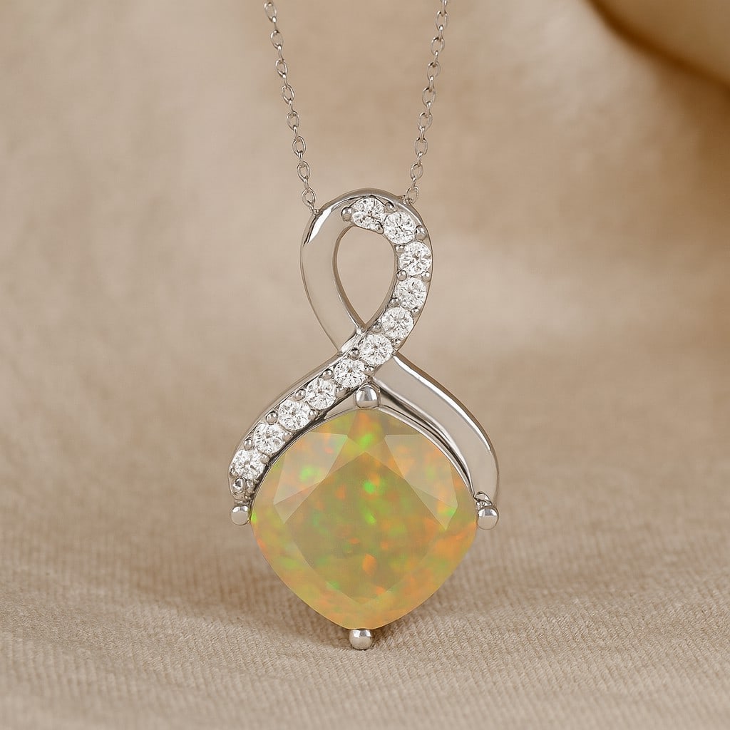 Natural Opal & Diamond 92.5 Sterling Silver Pendant with Chain: Natural Opal & Diamond 92.5 Sterling Silver Pendant with Chain Gemstone Shape : Cushion Square Gemstone Size : 8 MM Gemstone Quantity : 1 Piece Diamond Type : Lab Grown Diamond Shape : Round Di