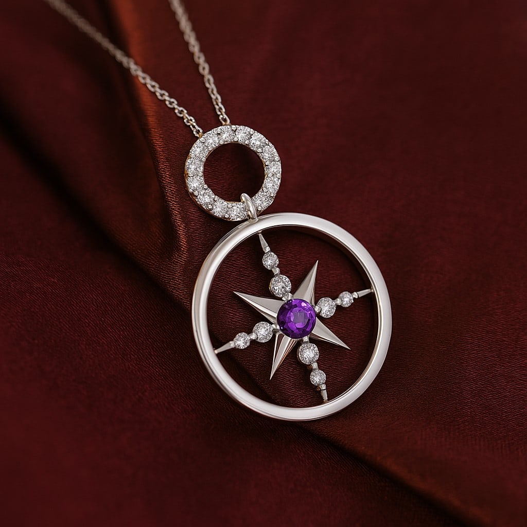 Natural Amethyst & Diamond 92.5 Sterling Silver Pendant with Chain: Natural Amethyst & Diamond 92.5 Sterling Silver Pendant with Chain Gemstone Shape : Round Gemstone Size : 3 MM Gemstone Quantity : 1 Piece Diamond Type : Lab Grown Diamond Shape : Round Diamond