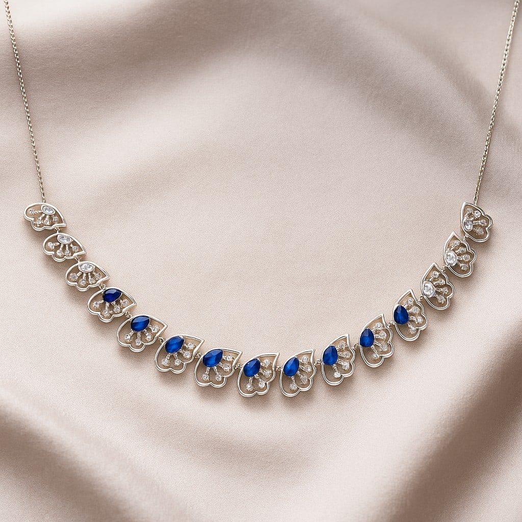 Natural Blue Sapphire & Diamond 92.5 Sterling Silver Necklace (1 of 7)