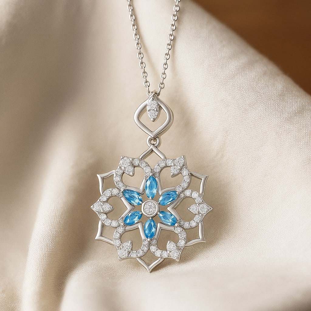 Natural Swiss Blue Topaz & Diamond 92.5 Sterling Silver Pendant with Chain (1 of 7)