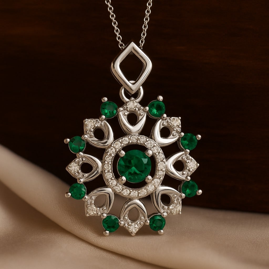 Lab Grown Emerald & Diamond 92.5 Sterling Silver Pendant with Chain (1 of 7)