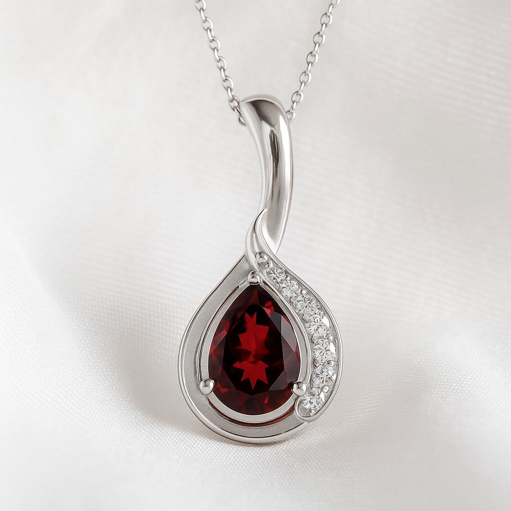 Natural Garnet & Diamond 92.5 Sterling Silver Pendant with Chain (1 of 7)