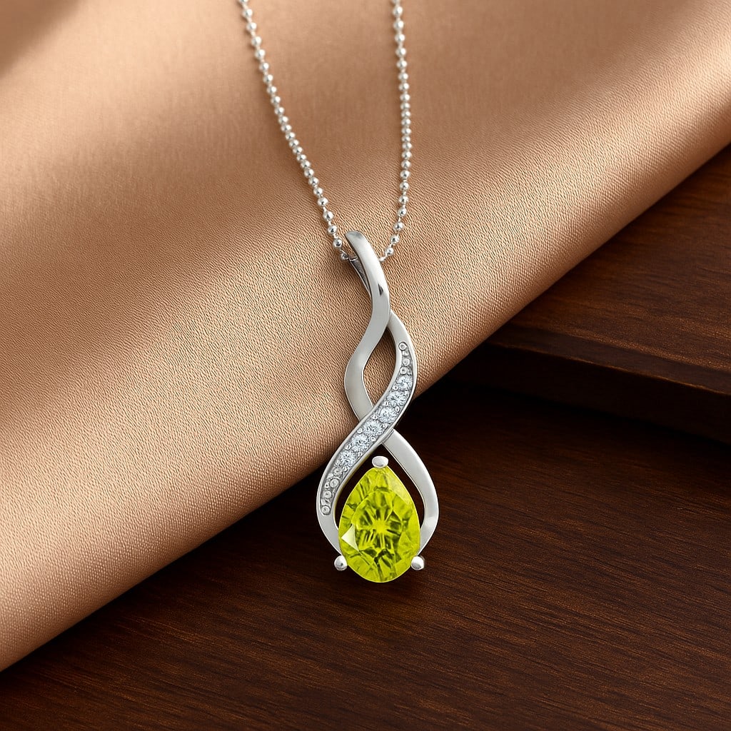 Natural Peridot & Diamond 92.5 Sterling Silver Pendant with Chain: Natural Peridot & Diamond 92.5 Sterling Silver Pendant with Chain Gemstone Shape : Pear Gemstone Size : 6x4 MM Gemstone Quantity : 1 Piece Diamond Type : Lab Grown Diamond Shape : Round Diamond