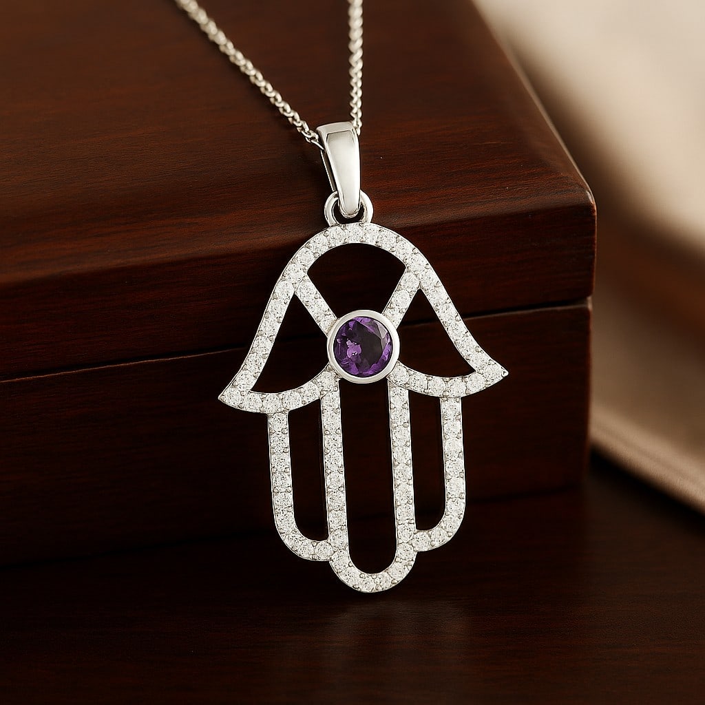 Natural Amethyst & Diamond 92.5 Sterling Silver Pendant with Chain: Natural Amethyst & Diamond 92.5 Sterling Silver Pendant with Chain Gemstone Shape : Round Gemstone Size : 3.5 MM Gemstone Quantity : 1 Piece Diamond Type : Lab Grown Diamond Shape : Round Diamo