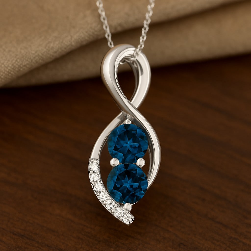 Natural London Blue Topaz & Diamond 92.5 Sterling Silver Pendant with Chain: Natural London Blue Topaz & Diamond 92.5 Sterling Silver Pendant with Chain Gemstone Shape : Round Gemstone Size : 5.5 MM Gemstone Quantity : 2 Pieces Diamond Type : Lab Grown Diamond Shape : Round