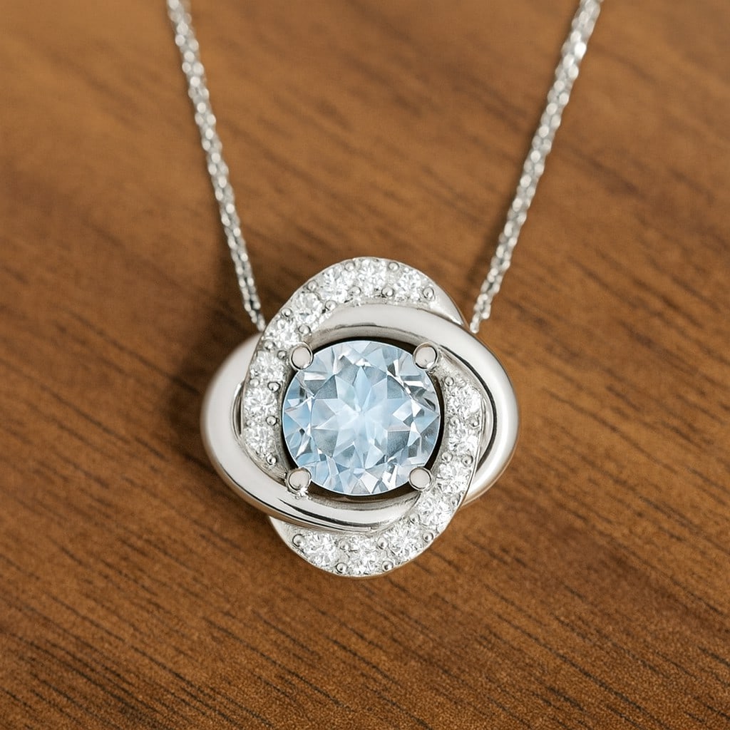 Natural Aquamarine & Diamond 92.5 Sterling Silver Necklace: Natural Aquamarine & Diamond 92.5 Sterling Silver Necklace Gemstone Shape : Round Gemstone Size : 6 MM Gemstone Quantity : 1 Piece Diamond Type : Lab Grown Diamond Shape : Round Diamond Color :